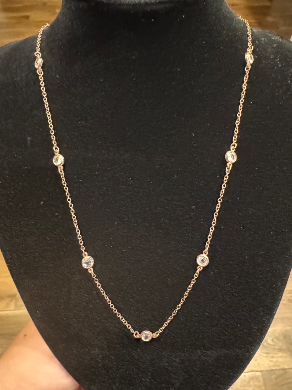 Delicate Rose Gold Station Necklace with Clear Crystal Accents